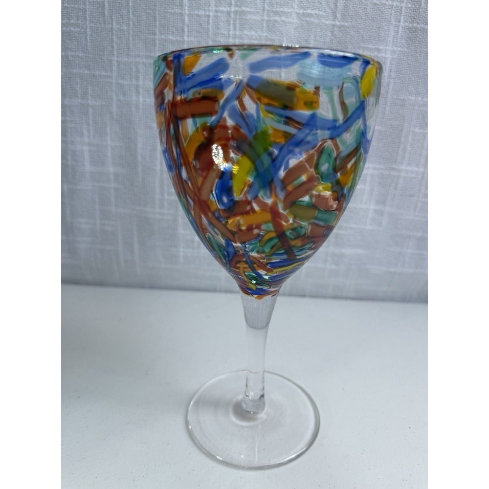 Vntg Pier 1 Imports Multicolor Confetti Hand Blown Art Glass Goblets 8" EUC!